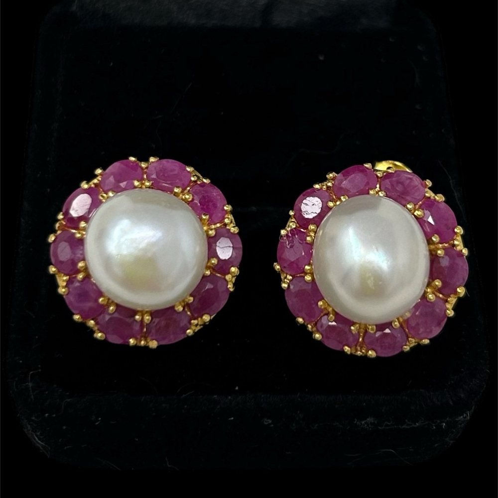 Pink and Gold Halo Stud Earrings with Pearls